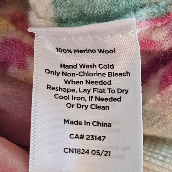 Talbots Boho Floral Merino Wool Puff Sleeve Sweater Medium Pink Blue Colorful - Picture 7 of 10